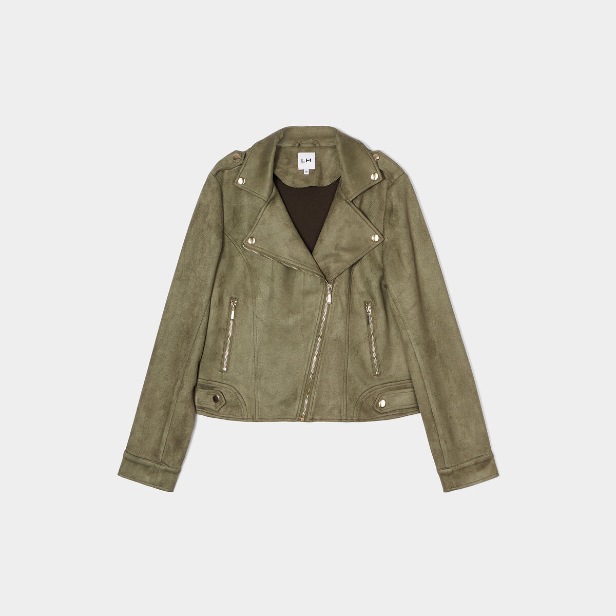Veste courte esprit biker effet suédine vert kaki femme