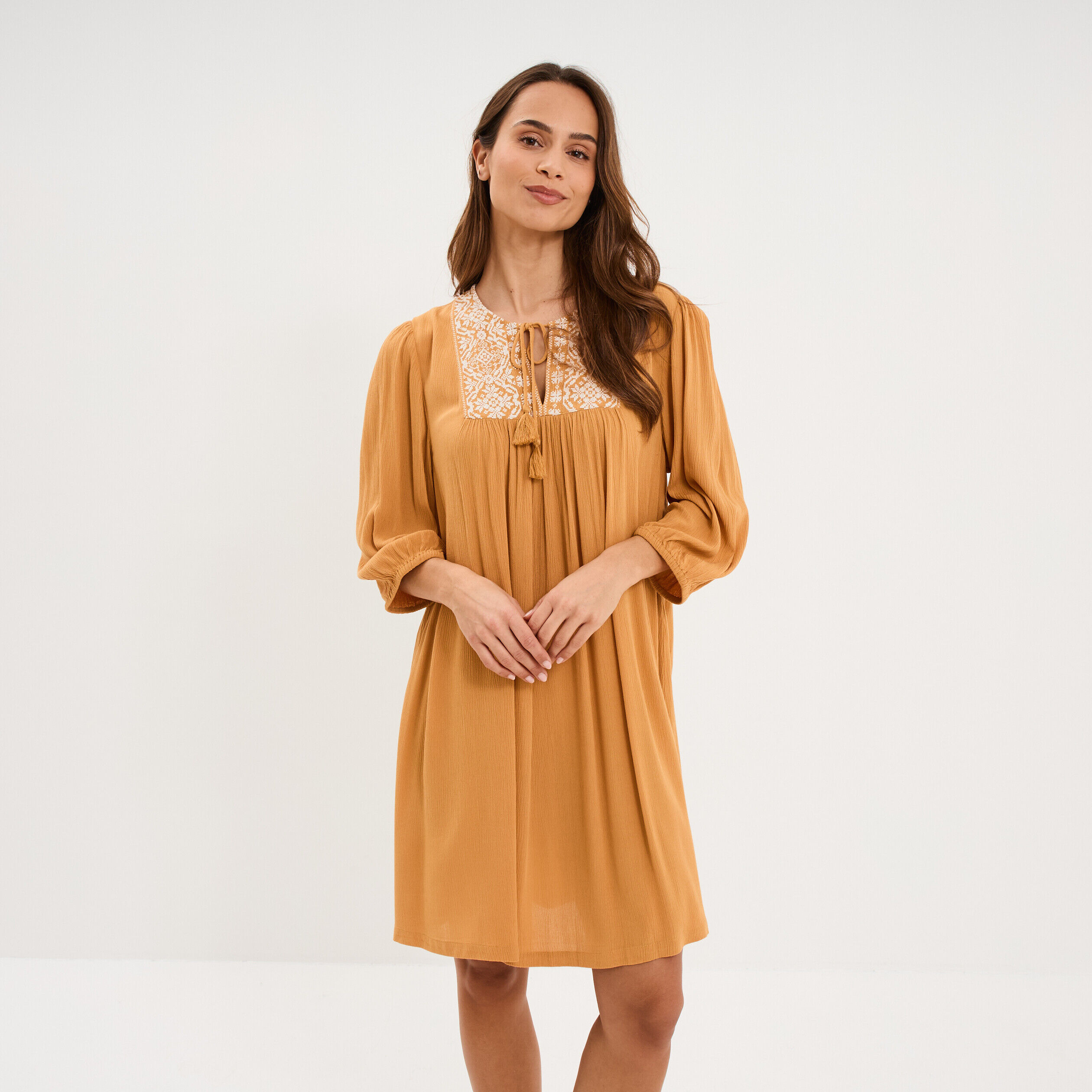 Robe fluide brodée manches 3/4 jaune moutarde femme CREEKS