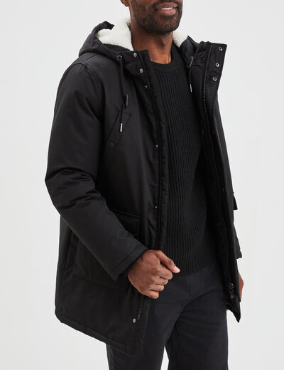 Parka mi-longue doublée à capuche noir homme