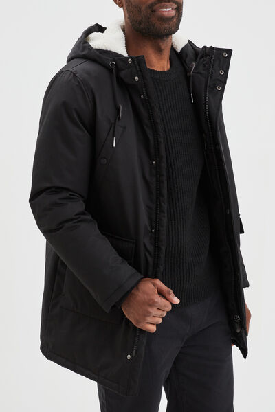 Parka mi-longue doubl&eacute;e &agrave; capuche noir homme