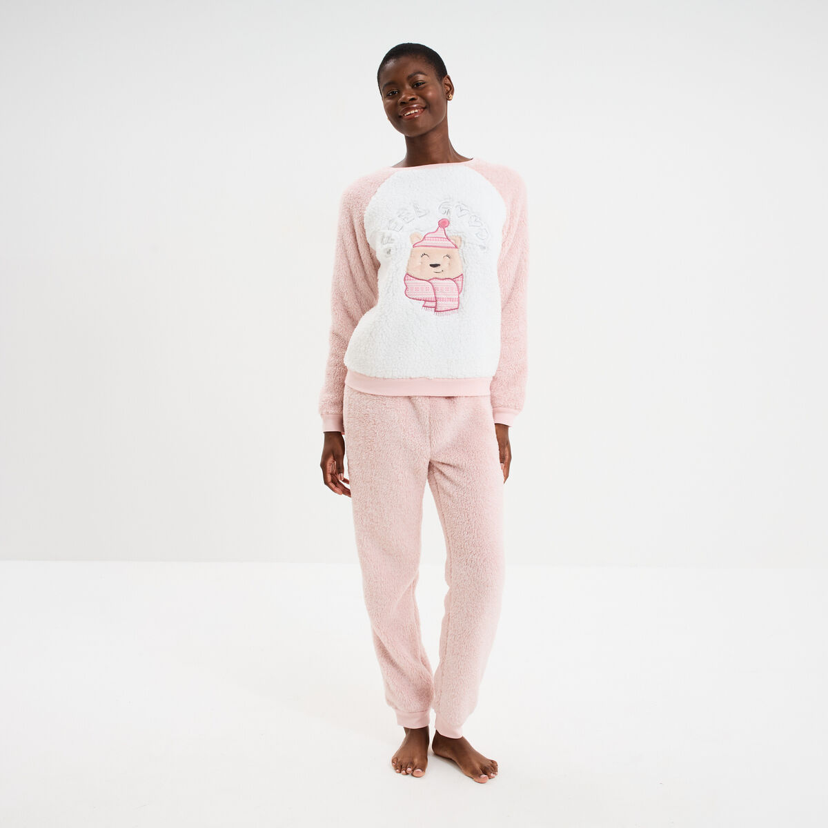 Ensemble pyjama effet polaire 2 pi&egrave;ces rose femme