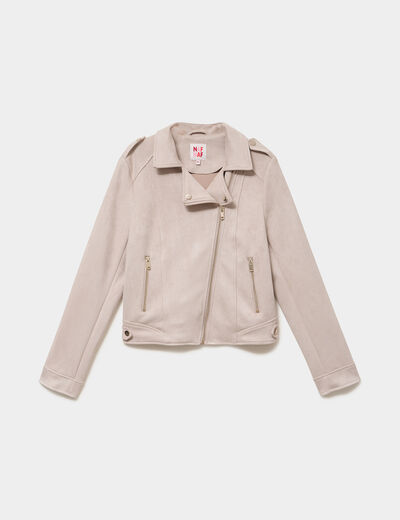 Veste biker en su&eacute;dine ajust&eacute;e beige femme