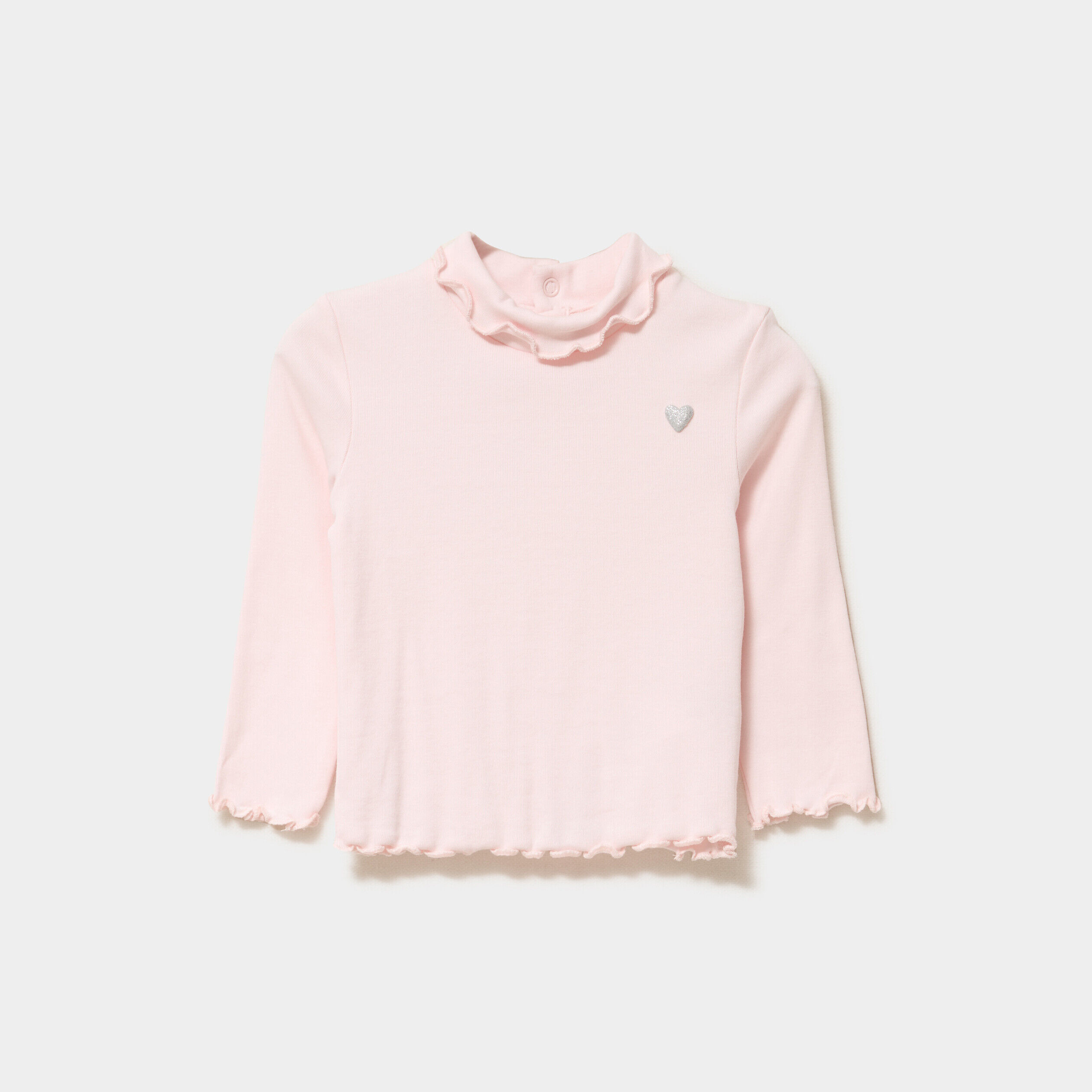 T-shirt col roulé bords vagues coton rose clair bébé fille LH