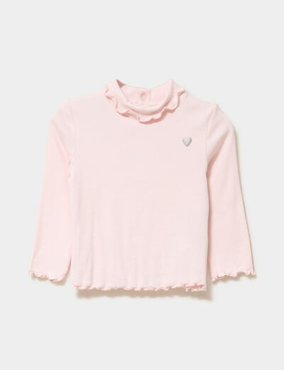 T-shirt col roul&eacute; bords vagues coton rose clair b&eacute;b&eacute; fille