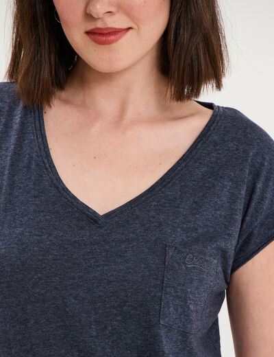 T-shirt col v poche poitrine bleu marine femme