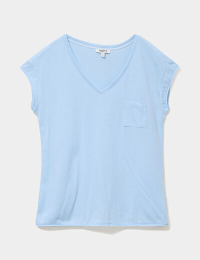 T-shirt col v poche poitrine bleu clair femme
