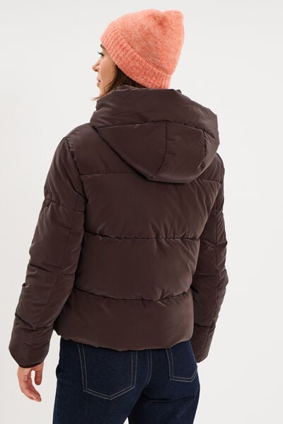 Doudoune courte imperm&eacute;able &agrave; capuche marron fonc&eacute; femme