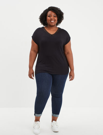 T-shirt dentelle au col Modavista noir femme grande taille