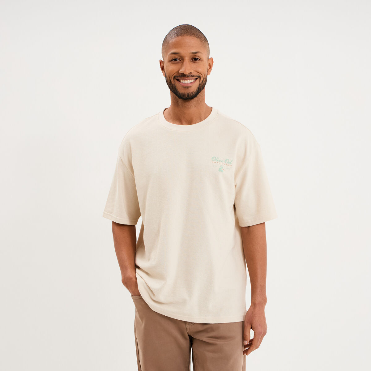 T-shirt coton &eacute;pais textur&eacute; col rond ecru homme