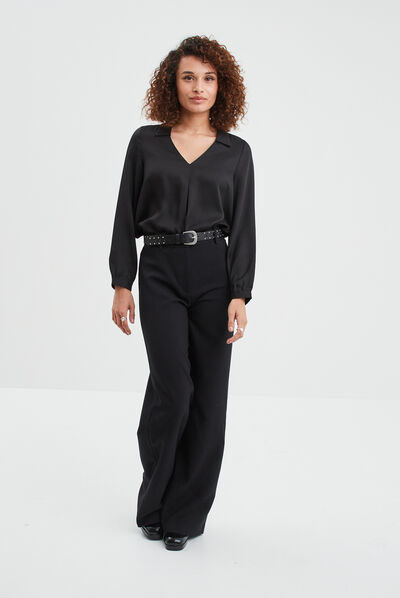 Blouse satin col en V à revers noir femme