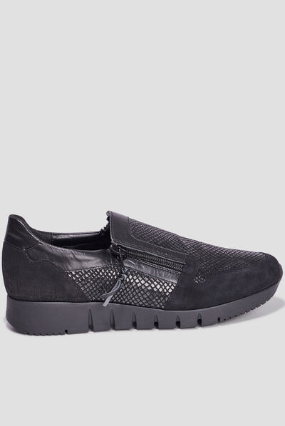 Baskets zippées en cuir pied large noir femme