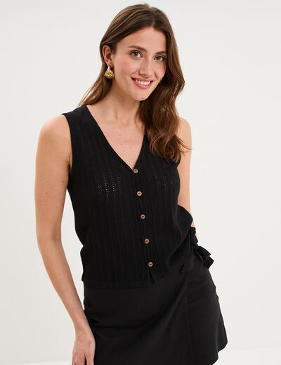 D&eacute;bardeur effet ajour&eacute; col en V noir femme