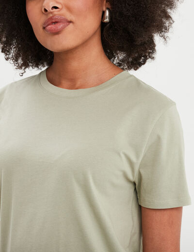 T-shirt col rond manches courtes coton vert kaki femme