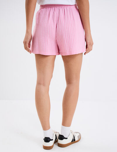 Short taille élastiquée gaze de coton rose vif femme