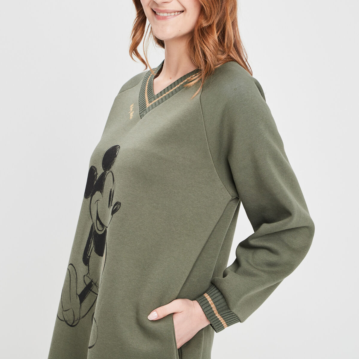 Sweat long Mickey vert kaki femme