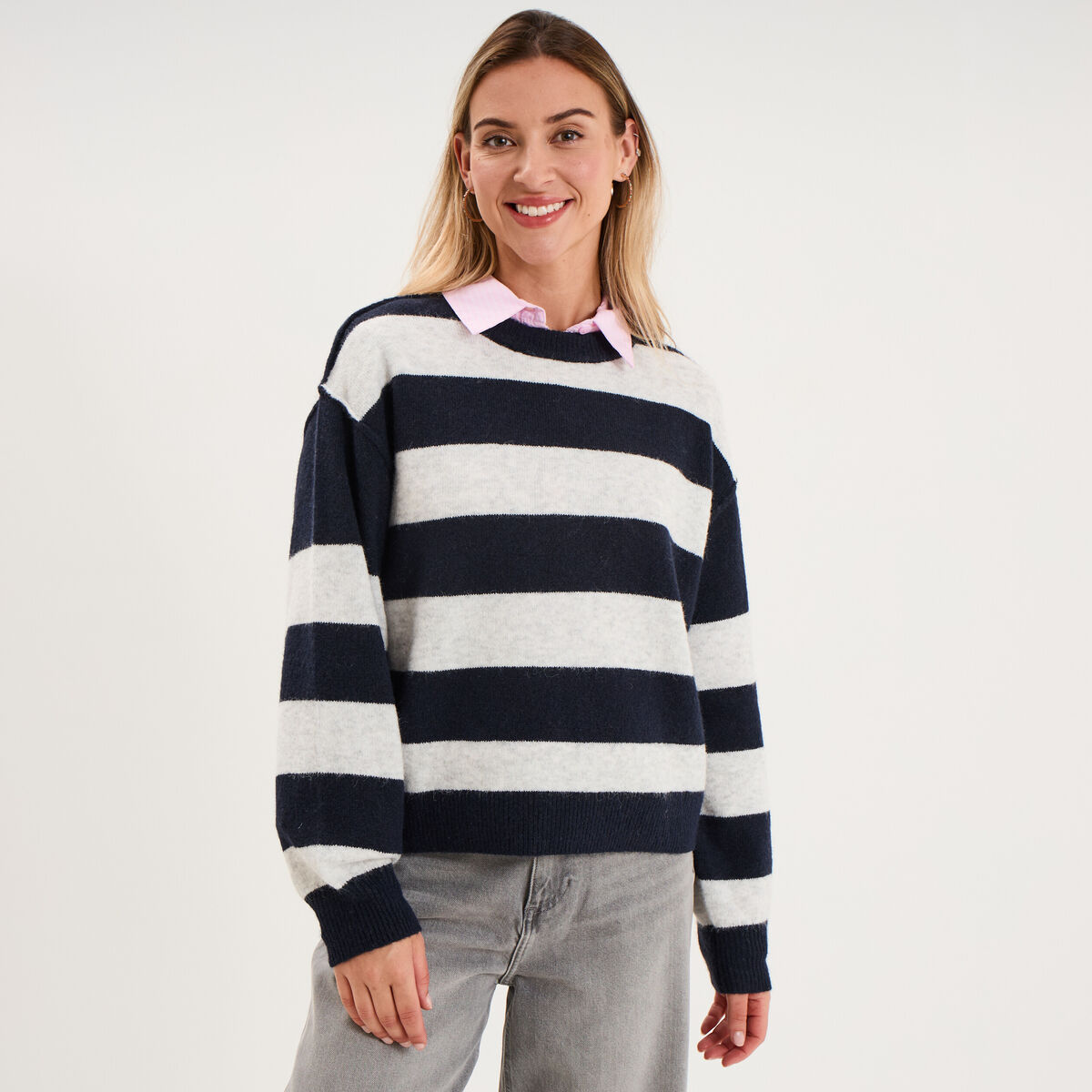 Pull col rond avec manches longues ecru femme