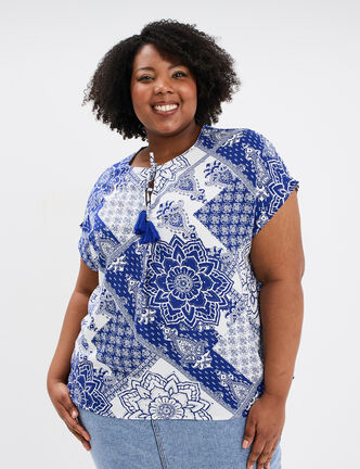 Blouse fluide col &agrave; cordons bleu femme grande taille