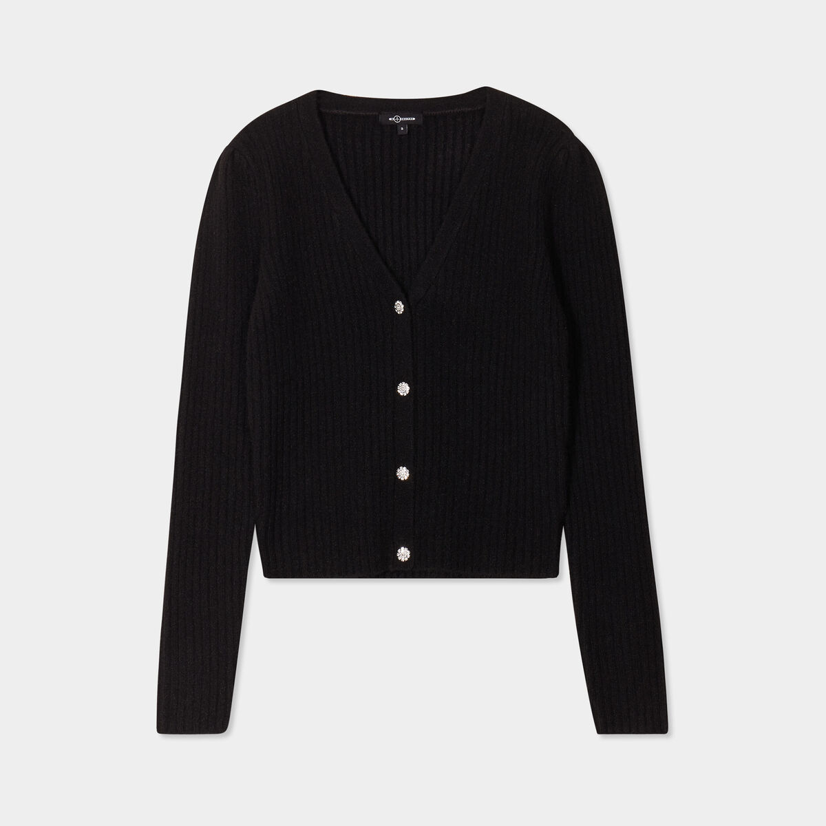 Gilet côtelé col en V boutons bijoux noir femme
