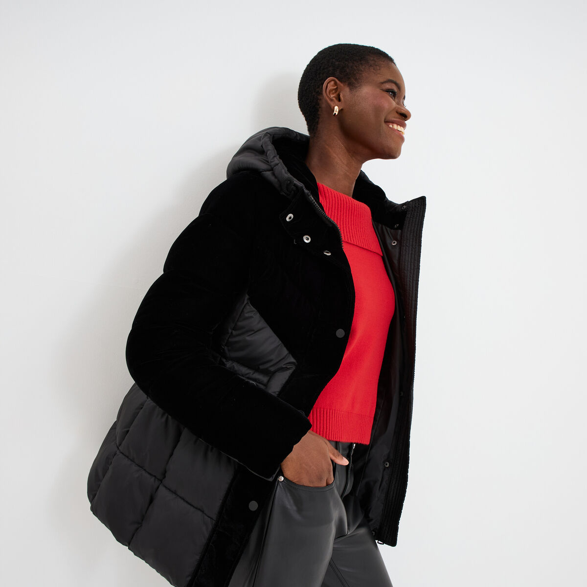 Doudoune bi-mati&egrave;re effet velours noir femme