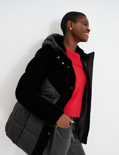 Doudoune bi-mati&egrave;re effet velours noir femme