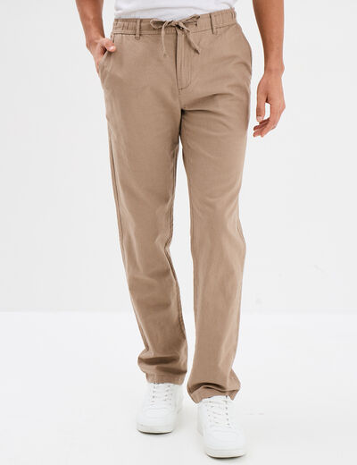 Pantalon chino droit lin m&eacute;lang&eacute; taupe homme