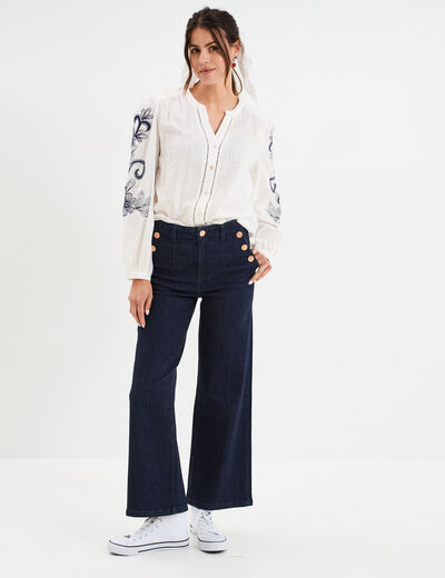 Jeans flare 7/8ème taille haute coton denim brut femme