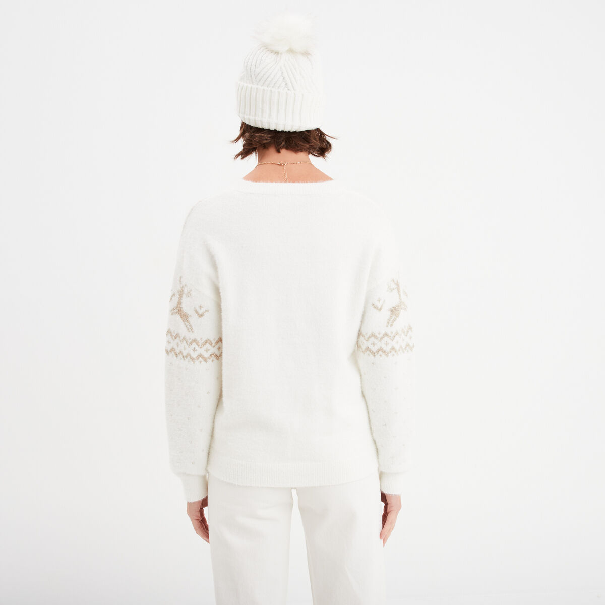 Pull Noël col rond manches longues blanc femme