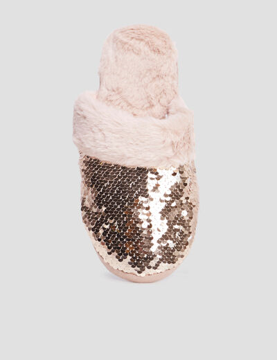 Chaussons mules sequins et fourrure jaune or femme