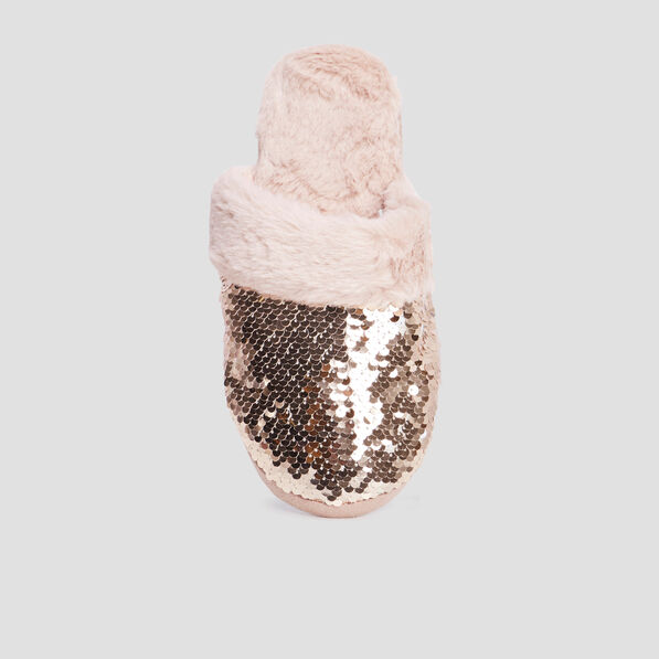 Chaussons mules sequins et fourrure jaune or femme