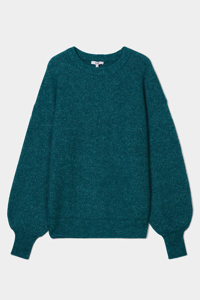 Pull col rond manches ballons bleu canard femme
