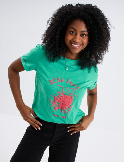 T-shirt manches courtes coton bleu turquoise femme