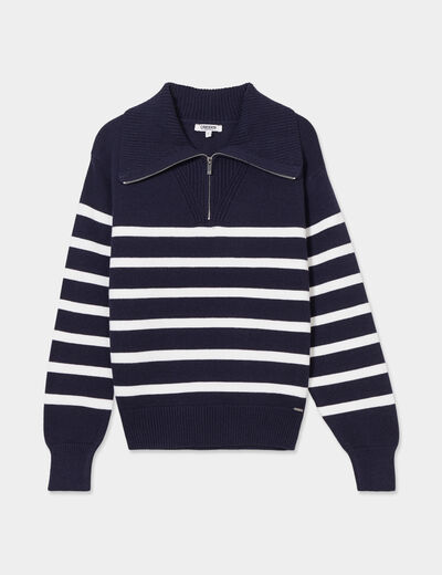 Pull col camionneur zipp&eacute; bleu marine femme
