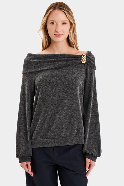 Pull encolure bateau manches longues gris femme