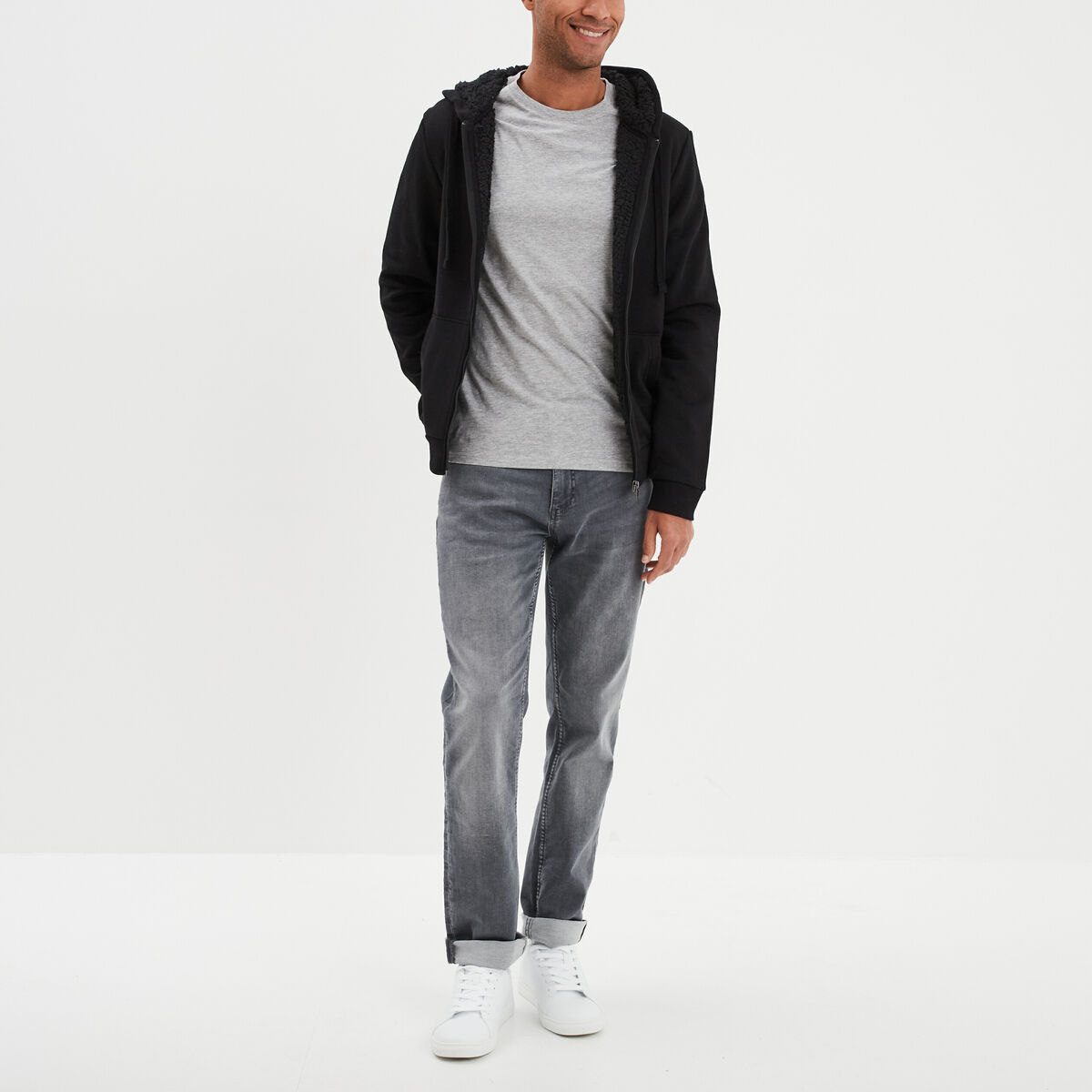 Sweat zipp&eacute; doublure effet sherpa noir homme