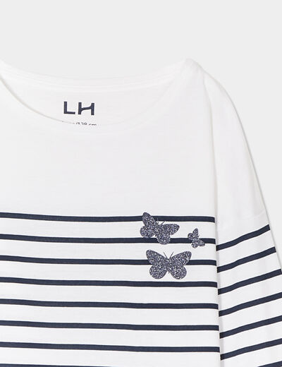 T-shirt coton col rond manches longues ecru fille