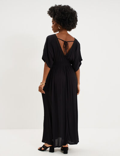 Robe fluide longue col et dos en V noir femme