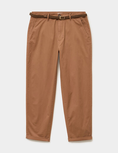 Pantalon chino regular ceinture tress&eacute;e marron clair femme
