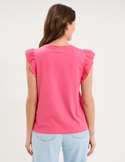 D&eacute;bardeur volants broderie anglaise rose fushia femme