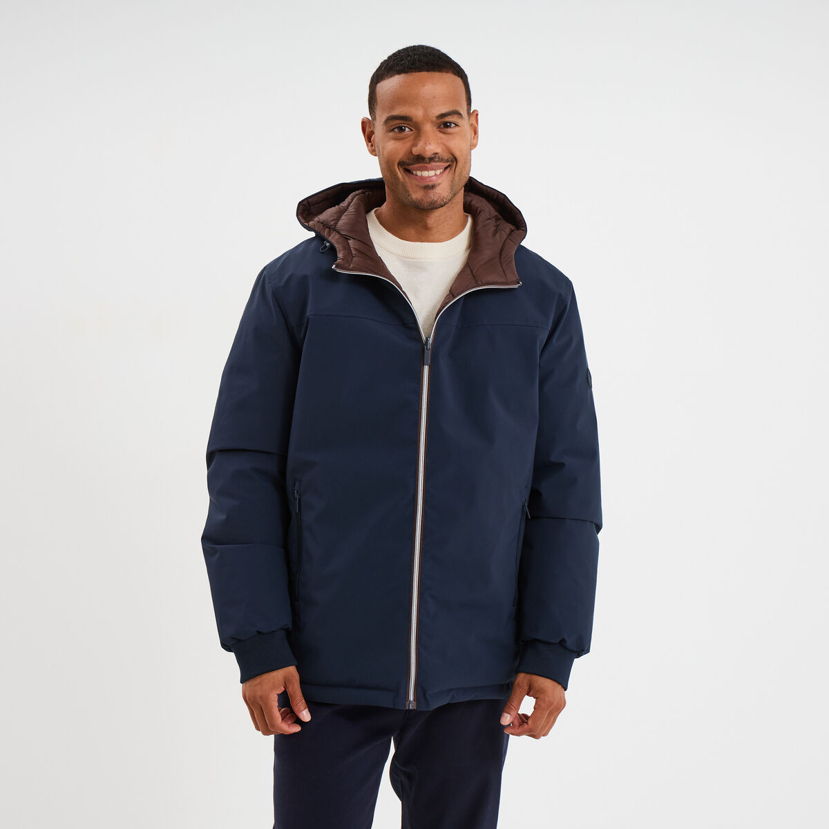 Blouson r&eacute;versible &agrave; capuche zipp&eacute; bleu marine homme