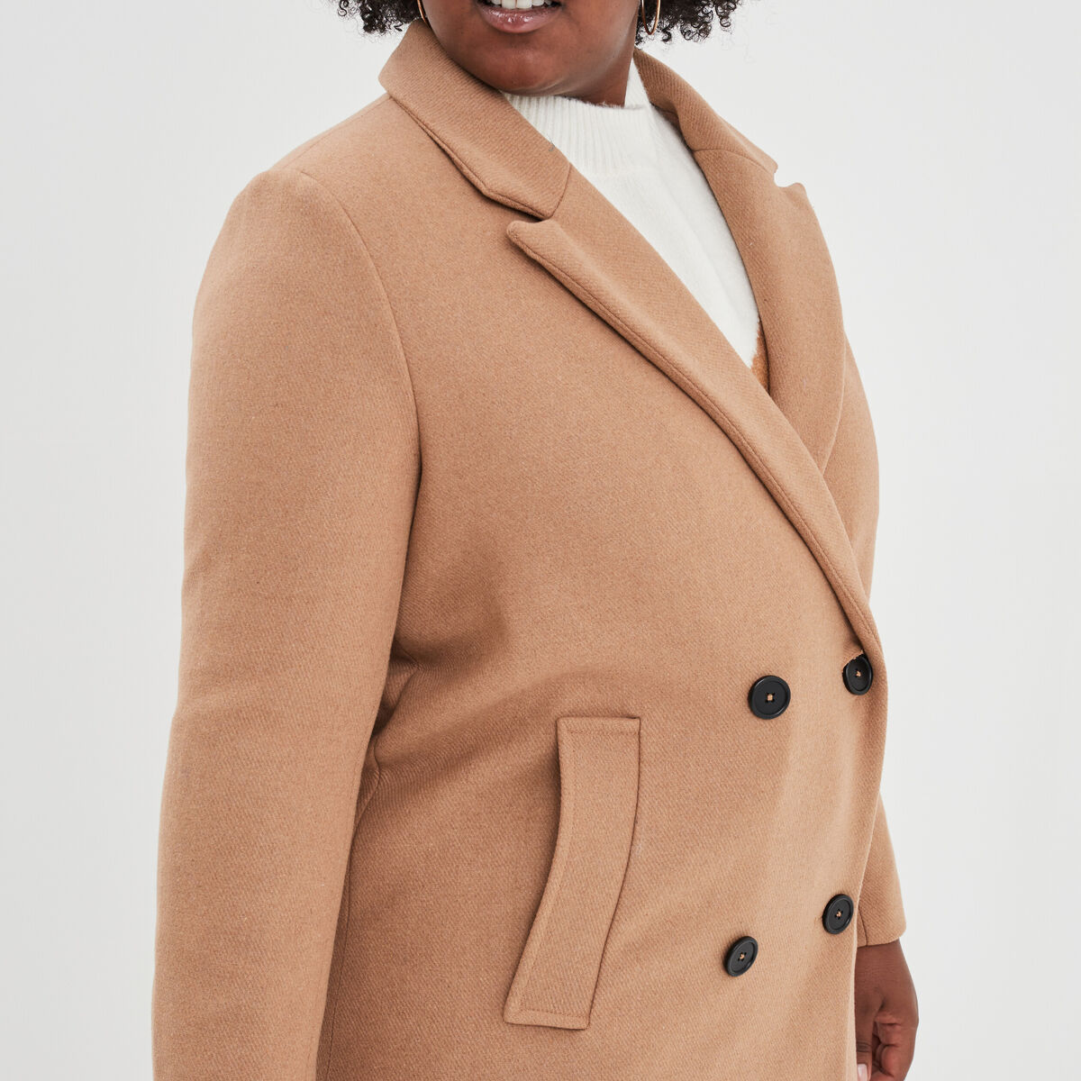Manteau long double boutonnage taupe femme grande taille
