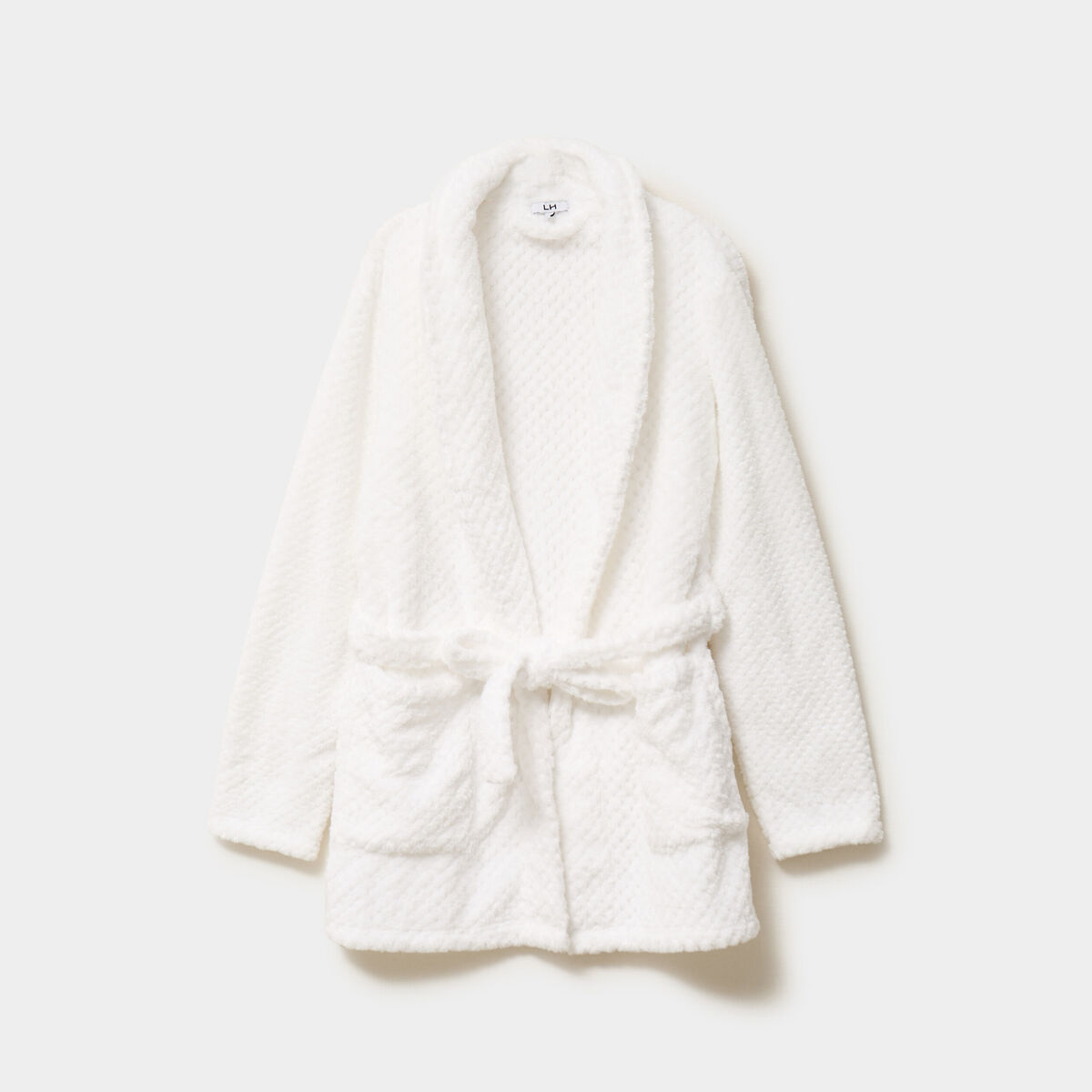 Peignoir mi-long effet polaire ceintur&eacute; blanc femme