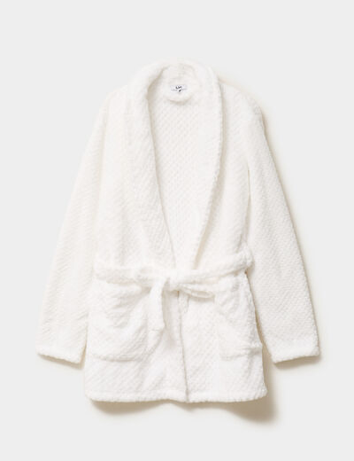 Peignoir mi-long effet polaire ceintur&eacute; blanc femme