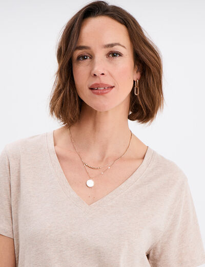 T-shirt manches courtes col en V coton beige femme
