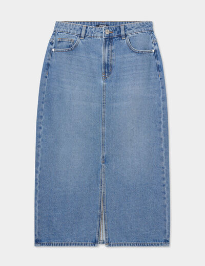 Jupe midi fendue en jean coton denim double stone femme