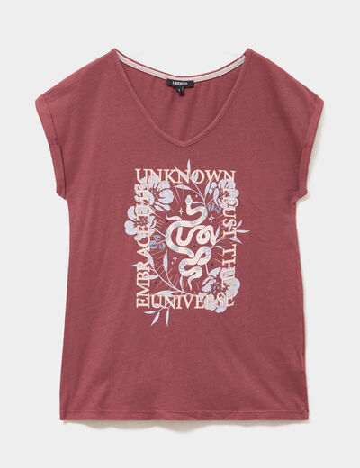 T-shirt coton col en V manches courtes bordeaux femme
