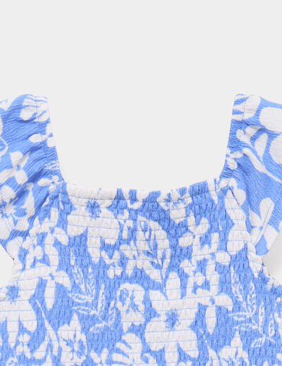 T-shirt smock&eacute; col carr&eacute; avec volants bleu fille