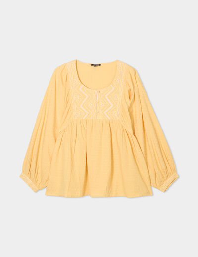 Blouse brodée manches ballons jaune clair femme