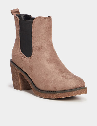 Bottines chelsea &agrave; talons aspect su&eacute;dine taupe femme