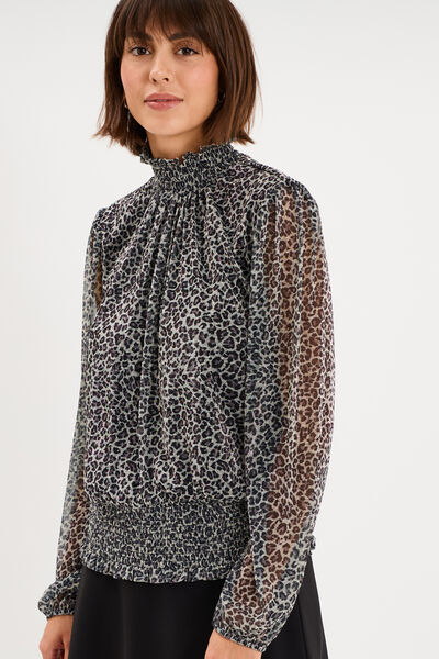 Blouse smock&eacute;e col montant gris argent femme