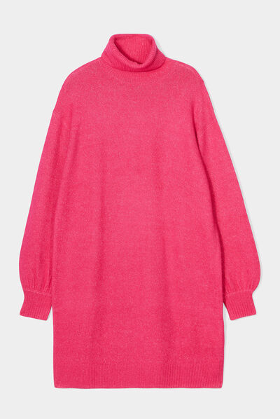 Robe pull col roulé courte droite rose fushia femme